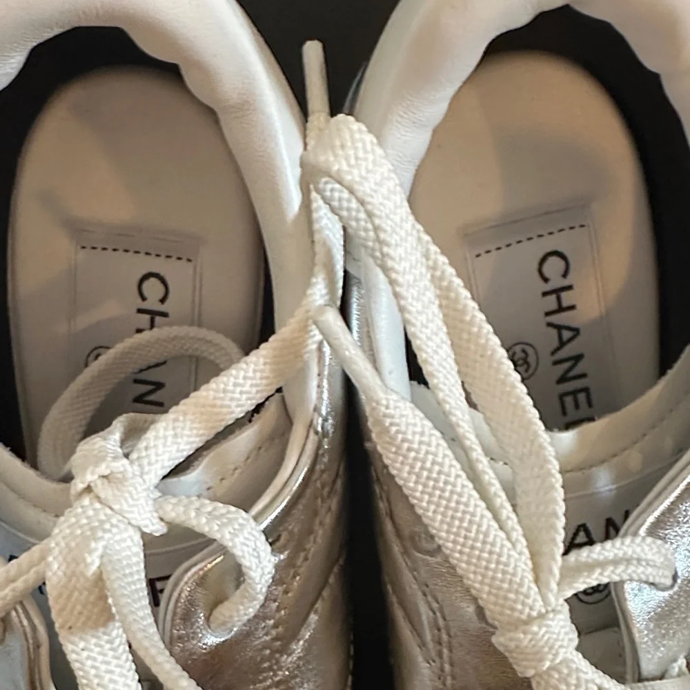 CHANEL Metallic Silver Quilted Sneakers - Picture 3 of 7
